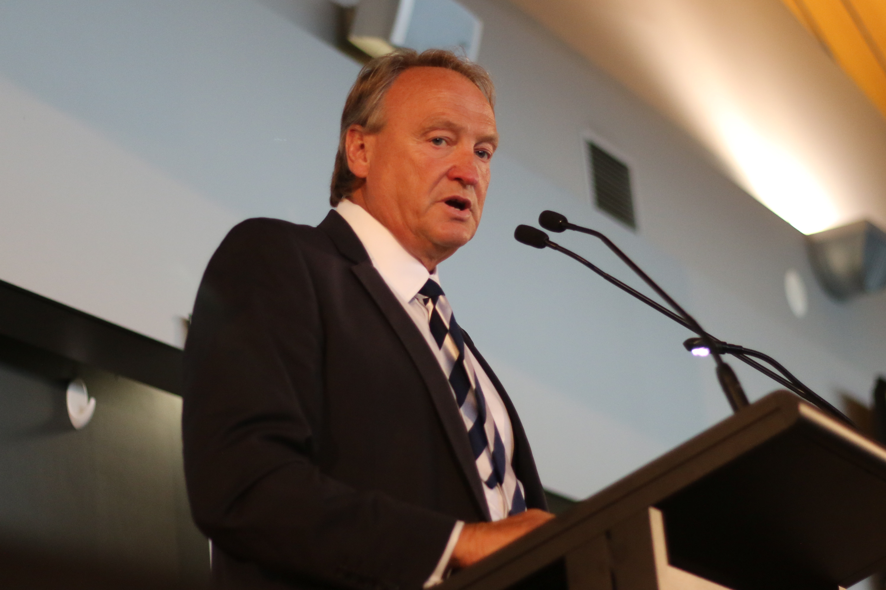 Geelong CEO Brian Cook speaks at the club's Annual General Meeting on Thursday night. Picture: AL PACKER