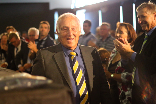 Frank Costa receives a standing ovation after being announced as the winner of the RJ Hickey Award for 2015. Picture: AL PACKER